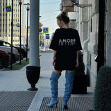 Summer Women's Casual Loose T-shirt Women's Mid-Length Letters Hot Diamond Tassel Design Short Sleeves-Outfit