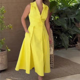 Fongt 2024 New V-Neck Sleeveless Solid Color Lapel Pleated Long Temperament Dress Female-Outfit