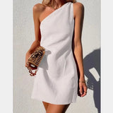 and Fashionable Summer Sexy One-shoulder Asymmetric Diagonal Collar Cotton and Linen Casual Loose Comfortable Mini