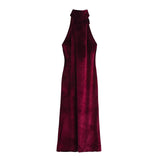 Fongt New Women's Fashion Hanging Neck Collar Silk Tatami Long Dress