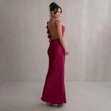 Fongt Summer Satin Temperament Condole Back Sexy Slim Evening Dress