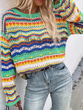 Rainbow Stripe Crochet Knit Sweater-Outfit
