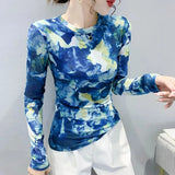S-3XL Autumn Spring Full Sleeve O-Neck T-shirt Girls Solid Stretchy Printed Mesh TShirts Tops Women Tees-Outfit