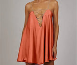 Chain Satin Low Back Swing Dress with Iridescent Crystal Straps and Deep V Neck Sexy Celebrity Party Club Y2K
