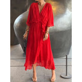 Fongt New Women's Solid Color With Long Skirt Bat Sleeve Irregular Dress