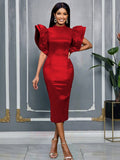 Fongt Design-Sensitive Solid-Colored Loudspeaker Sleeve-Back Spring Party Party Evening Dress Dress Dress Dress Dress