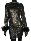 Bling Mesh Feathers Rhinestone Women Dress Long Sleeves Diamond Fishnet Hollow Out See Through Evening Party