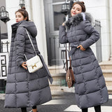 2024 Winter Tie Long Padded Clothes Korean Version Over The Knee Thick Warm Hooded Solid Color Big Wool Collar Down Cotton Suit-Outfit