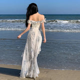 Fongt Seaside Vacation Wind Beach Sling Skirt Gauze French Flounce Dress-Outfit