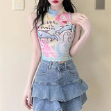 2024 Round Collar Collar Head Sleeveless Print Wood Ear Exposed Umbilical Women's Screen Top