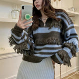 Fongt Goods Light Luxury Advanced Sense Heavy Industry Design Sense Stripe Color Tassel Short Show Thin Sweater New Top Female Tide-Outfit