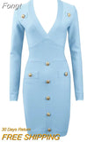 2023 New Elegant Long-Sleeved Rose Red Button Tight Bandage Dress Summer Women'S Sexy Deep V-Neck Mini Party