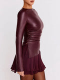 Faux Leather Long Sleeve Ruched Top-Outfit