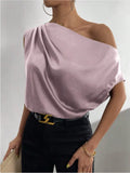 2024 Pure Satin Imitation Silk Irregular Sloping Shoulder Collar Sleeveless Shirt Women's Dress-Outfit