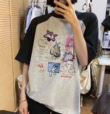 Cartoon Print Raglan Short Sleeve Tee-Outfit
