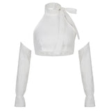 Casual Slim Solid Dress Set Women Holiday 2 Piece Sets Bow Crop Top With Gloves Mid-Waisted Mini Skirts With