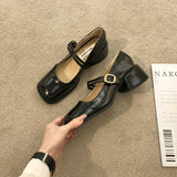 Retro Temperament Square Head Thick With Mary Jane Shoes Small Leather Shoes Female A Word Button Evening Evening Match Skirt Commuting Single Shoes-Outfit