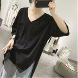 Womens T Shirts Summer Trendy Slit T-shirt Casual Loose Thin Short Sleeve Tops Korean Rolled Edge Front Short Back Long