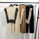 Fongt Simple Splicing Loose Short-Sleeved Knitting Top High Waist Thin Leg Pants Two