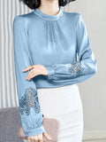 Women's Blouse Silk Tops for Women Solid Embroidered Long Lantern Sleeve Top Stand Neck Clothing Female 2023 Basic