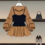 Women Puff Long Sleeve Patchwork Fake Two Piece Blouse For Women Turn Down Collar High Waist Shirt Office Ladies