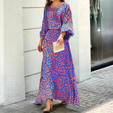 Fongt Women's Summer New Loose Print Long-Sleeved Top High Waist Half-Body Large-Size Dress Set
