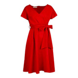 Fongt V-Neck Solid Color Waist Bow Tie With Large Swing Dress Dress Dress Dress Dress Dress