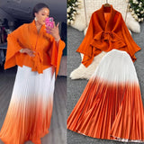 Fongt Wrinkled Butterfly Sleeve Gradient With Shawl Short Coat Top + Gradient 100 Folded Skirt Two-Piece Suit