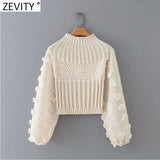 2021 New Women Fashion Appliques Chiffon Lantern Sleeve Patchwork Short Knitting Sweater Ladies Chic Pullovers Tops