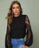 Fongt New 褶領透视 Tulle Lace Lantern Sleeve Temperament Blouse