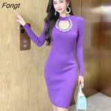 Han Queen Women Winter Diamond Hollow Pullovers Sweaters Knitted Sheath Pencil Dress Soft Warm Bottoming Tight Knit