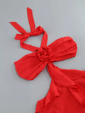 Red Flower Ruffles Halter Maxi Dress-Outfit