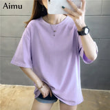 Summer Women T Shirt harajuku solid T-shirts students korean Casual loose Short Sleeve pink white Tops 90s Female Tee