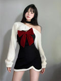 Sweet Two Piece Set Women Japanese Style Bow Y2K Party Dress Set Female Sexy Elegant Slim Mini Dress Suit Winter