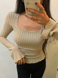 Square Neck Flare Sleeve Slim Knit-Outfit