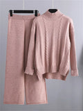 Knitted Sets Tracksuit Women Two Piece Set Split Half Turtleneck Sweater and Wide Leg Pants 2 Piece Sets Womens Outfits-Outfit