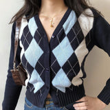 Winter Argyle Plaid Cardigans Women Vintage England Style Single Breasted Long Sleeve Knitted Sweaters Streetwear