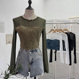 Fashion Fake Two Denim Splicing Mesh Long Sleeve Top Short Open Umbilion T-Shirt