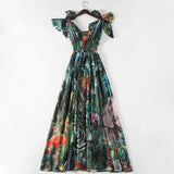 Women's Summer Plus Size Long Dresses Elastic Waist Deep V-Neck Forest Animal Print Chiffon Holiday Maxi
