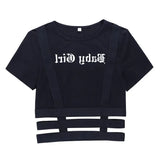 Fongt Sexy Slim Short Sleeve Letter Print T-Shirt Irregular Hollow Out Crop Bottom