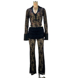 Fongt Sexy Lace Stitching Deep V Long Sleeve Top Slim See-Through High Waist Bell Bottoms Women's Suit-Outfit