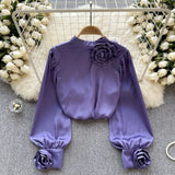 Shirt Female Design Sense Three-Dimensional Flower Long Sleeve Temperament Satin Shirt Spring Dress New Jacket Is Versatile-Outfit