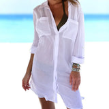 Fongt Wrinkle Cloth Two Pockets Dark Buckle Beach Blouse Bikini Coat Shirt Swimsuit Cardigan