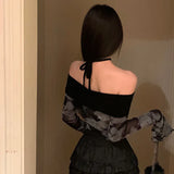 Women's Crop Top Korean Version Off Shoulder Tie-Dye Irregular Slim Sexy Fashion Mesh Sunscreen Long Sleeves Crop Top-Outfit