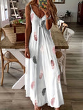 Fongt And Summer New Sleeveless Slim Feather Print Low Breast V Collar Sling Large Hem Skirt Women's Dress-Outfit