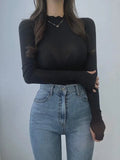 See-through T Shirt Women High Elasticity Long Sleeves Tee Shirt Slim Thin Ruffled Turtleneck T-shirt Female Solid Top-Outfit