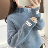 Women Half Turtleneck Sweater Autumn Loose Wool Pullover Knitted Jumper Long Sleeve Letter Top Casual Warm Ladies