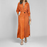Fongt 2024 New Temperament Female Commuter Belt Solid Color Waist Long Sleeve Irregular Shirt Dress