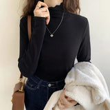 Edge Long-Sleeved Blouse 2023 Early Spring New Women's T-Shirt White Threaded High-Neck Bottomed
