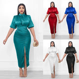 High Neck Tight Skirt Elegant Elegant High Split Pleated Dress Women's Casual Solid Color Evening Dress-Outfit